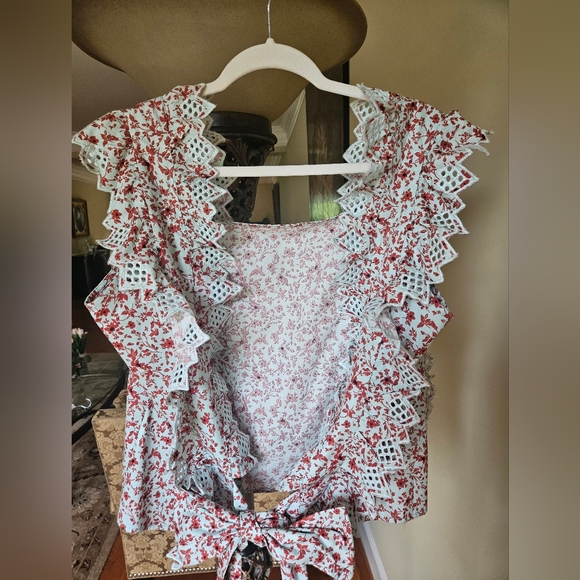 NWOT Anthropologie Blue Tassel Trina floral dark red/ mint embroidered top - Picture 6 of 14
